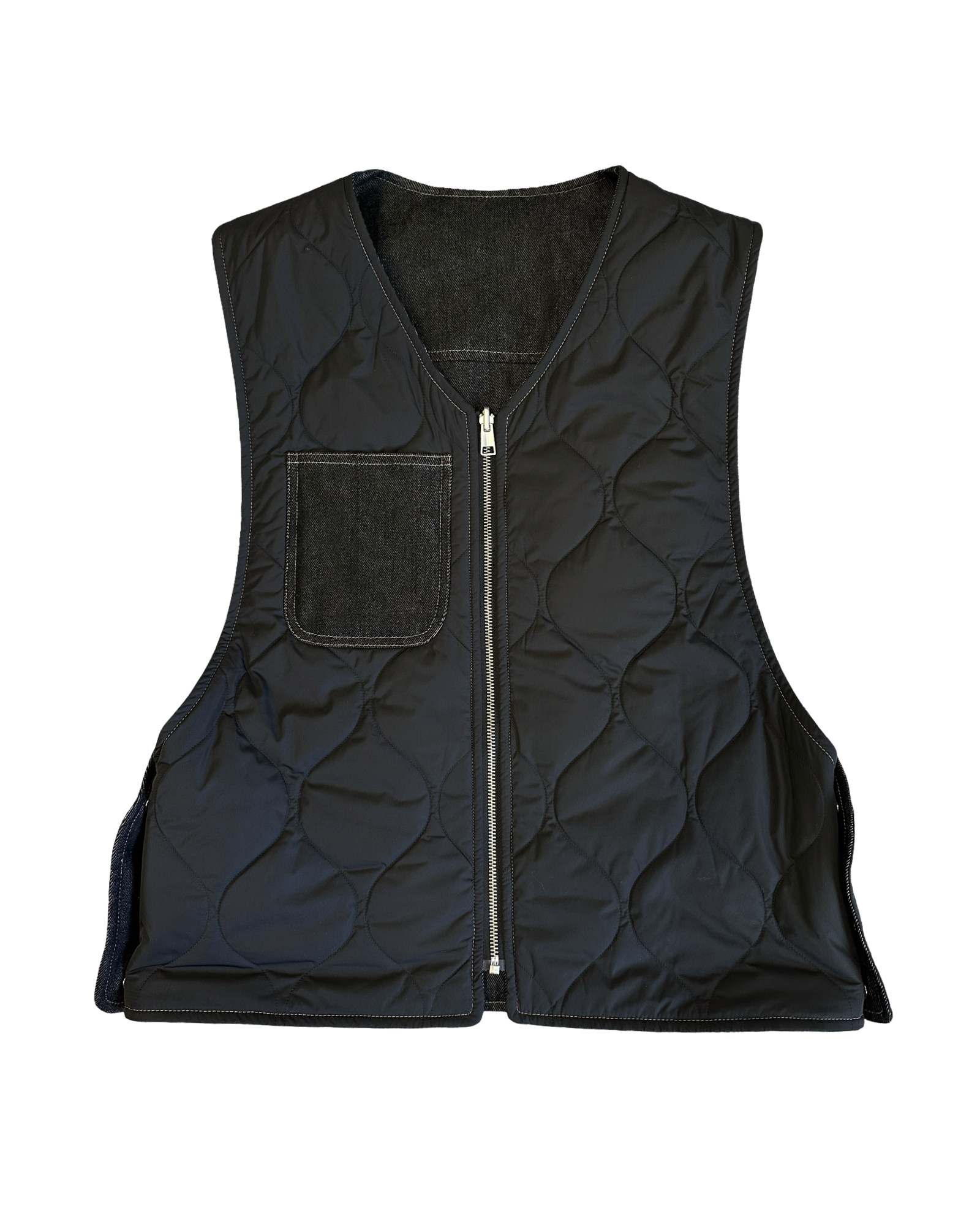 Denim/leður/puffer vesti M